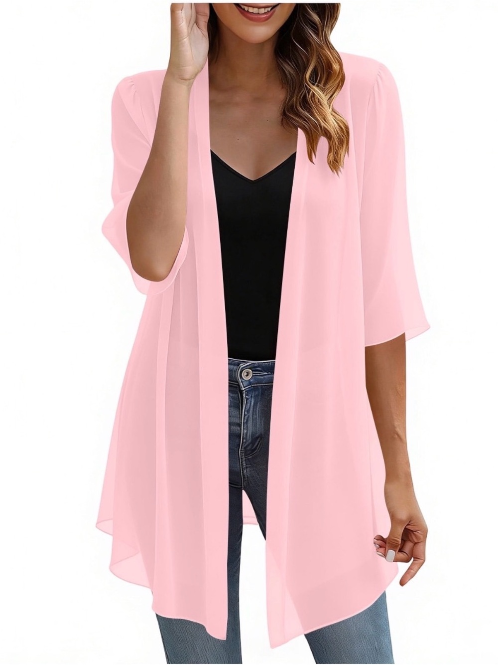 Lightweight Chiffon Drapey Cardigan Kaftan Shawl Robe Sweater Pink New Size XL